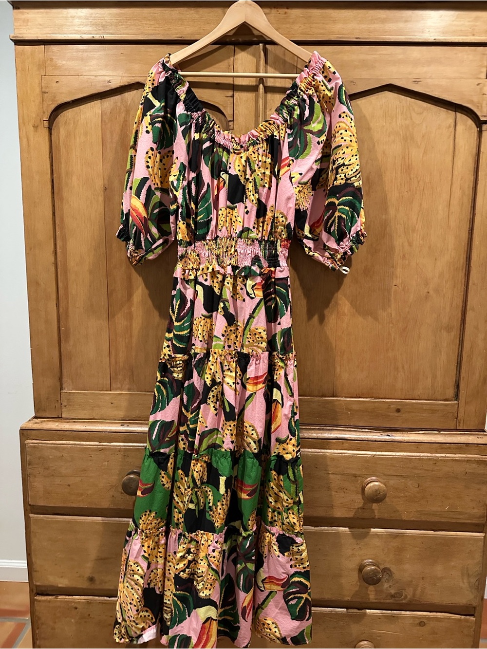 FARM Rio Multicolor Toucan Tiered Maxi Dress in Pink, Green & Yellow - Picture 3 of 8